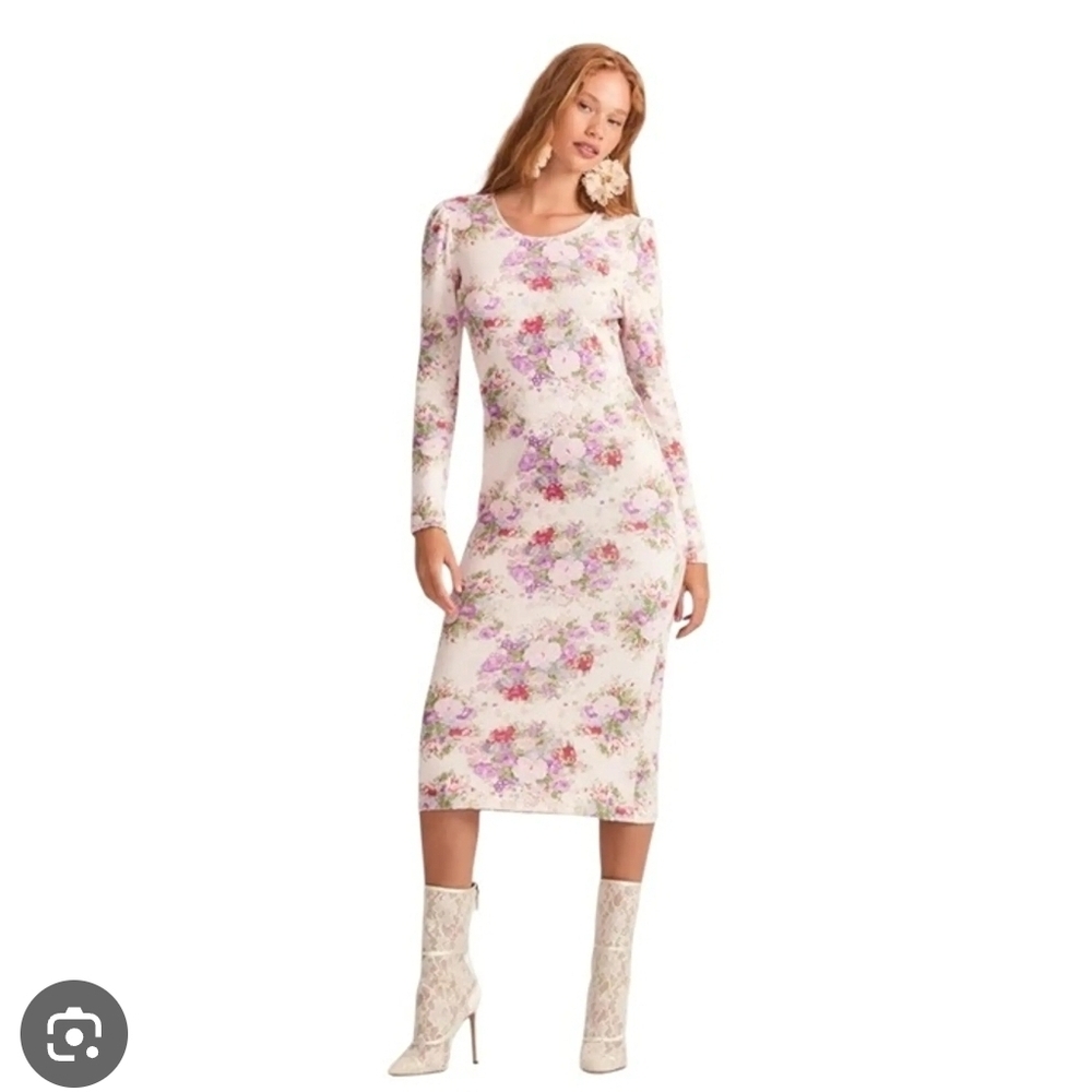 LOVESHACKFANCY LISA MIDI FLORAL LONG SLEEVE KNIT DRESS